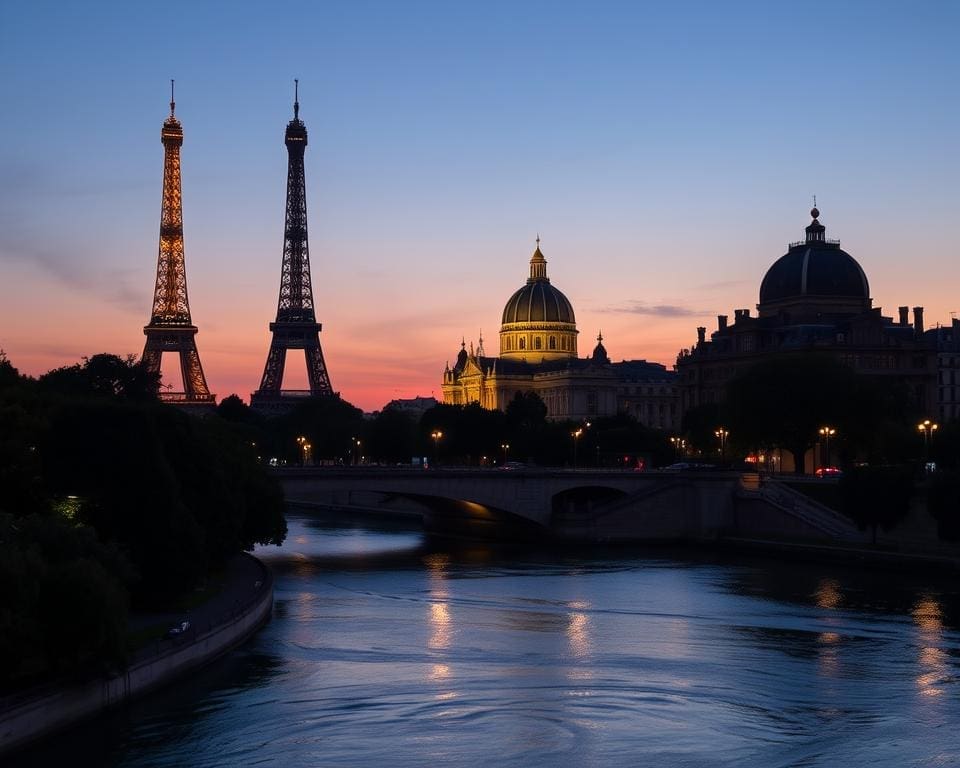 Eiffel Tower, Notre Dame Cathedral, and Louvre Museum in Paris