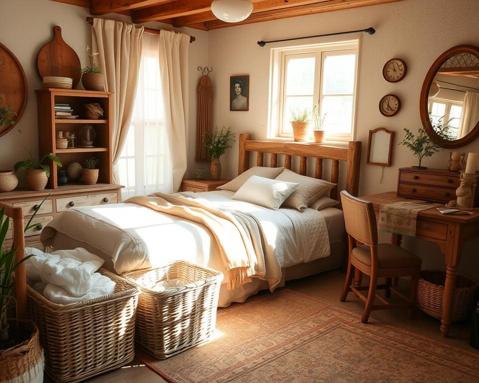 rustic style wicker furniture in a bedroom