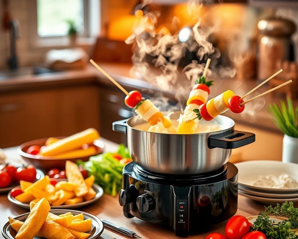 Electric fondue set in use