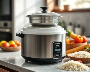 Electric rice cooker with integrated steaming basket