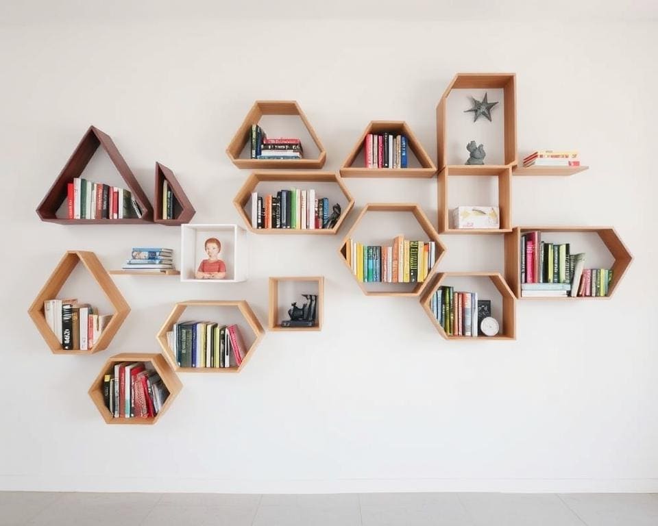 Wall-mounted bookshelves in geometric shapes