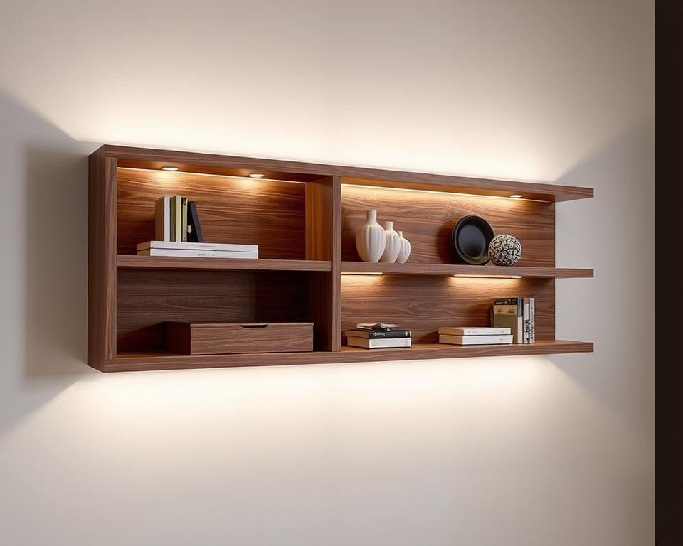 Wall shelf with hidden storage compartments