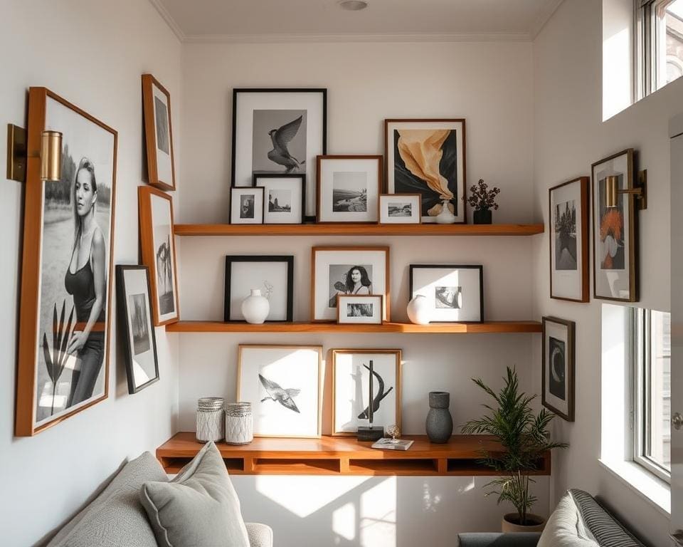What are stylish ways to display wall art in small spaces?