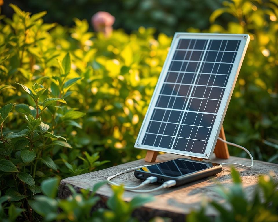 How do you charge devices in the garden sustainably?
