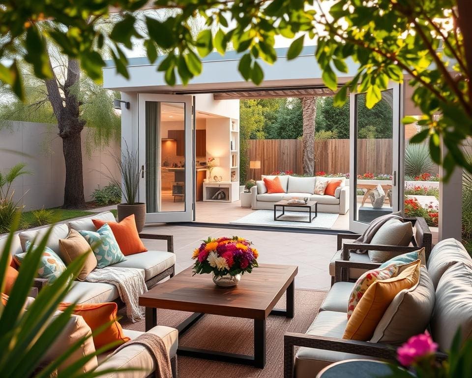 How do outdoor living areas extend interior comfort?
