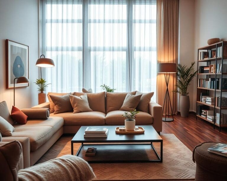 What makes a living room feel cozy and modern?