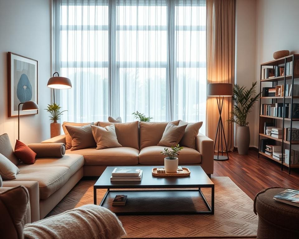 What makes a living room feel cozy and modern?