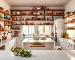 Why are open shelving systems popular in kitchens?
